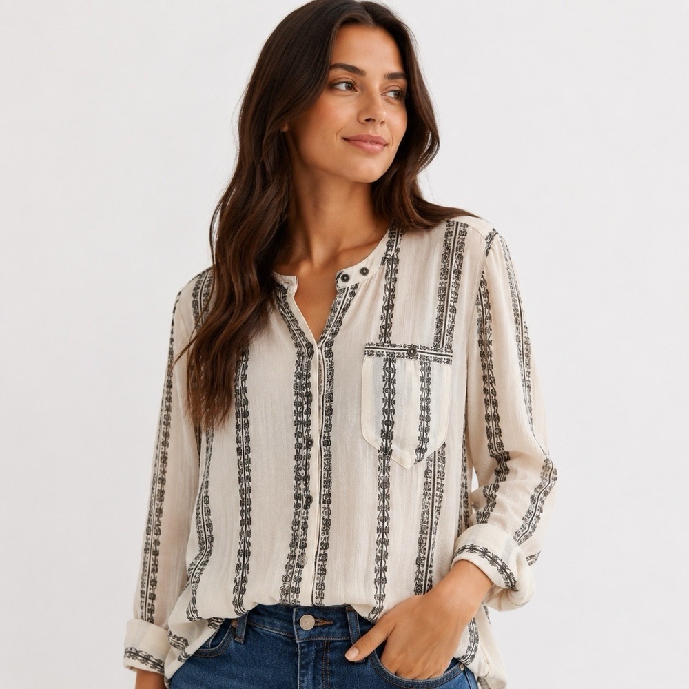 Free People Women's Tunic Shibori Magic Long‎ Sleeve Vanilla combo Boho Small